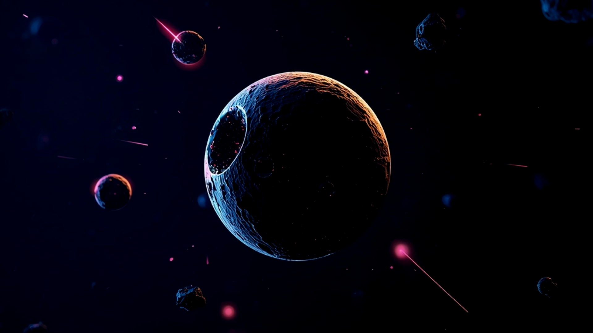  Floating asteroids with neon reflections amoled